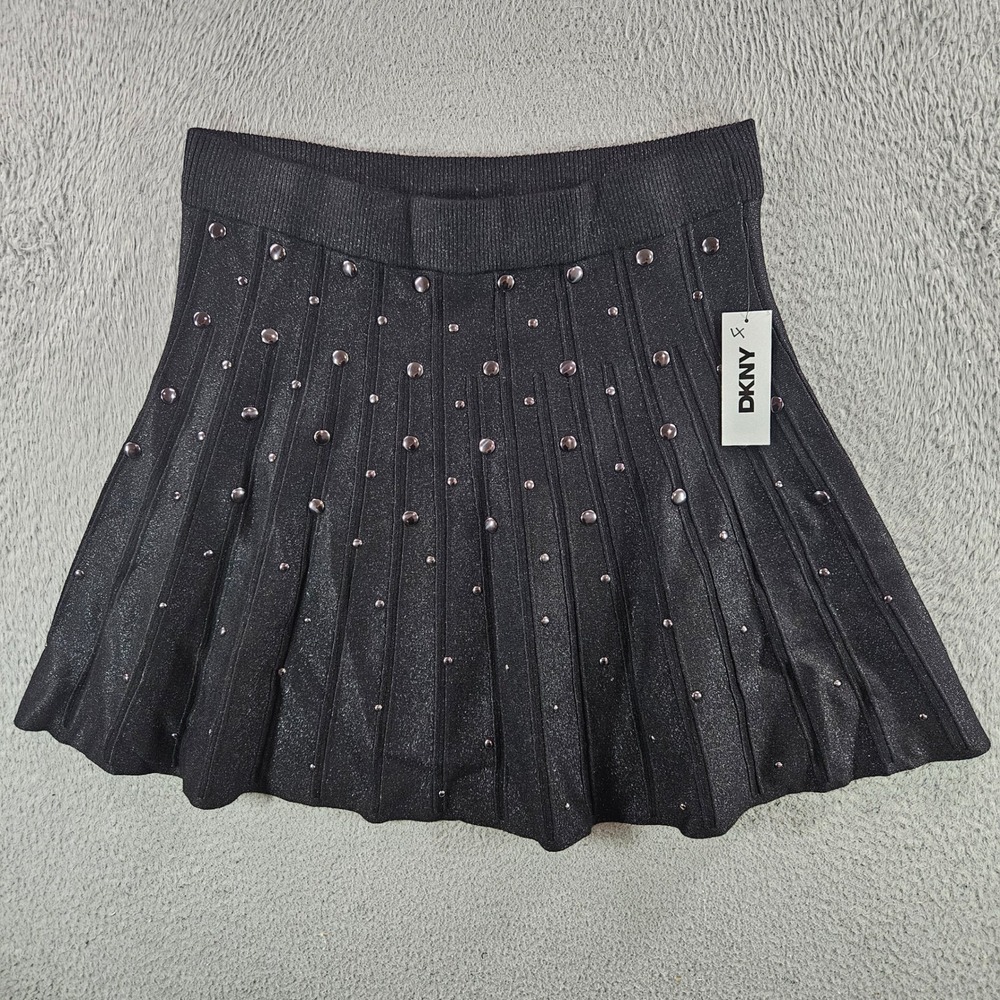 DKNY Womens Black Metallic Studded Pleated Knit Mini Skirt Large L NEW NWT